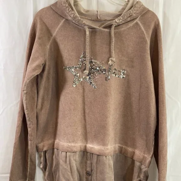 Made in Italy Light Brown Sequined Long Sleeve Hoodie Top NWOT Size Large - Picture 8 of 15